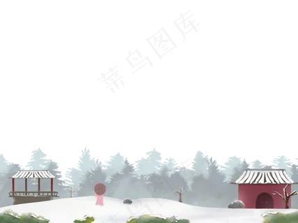 冬日装饰边框冬天中国风建筑山水,免抠元素