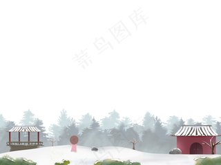 冬日装饰边框冬天中国风建筑山水,免抠元素