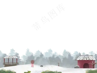 冬日装饰边框冬天中国风建筑山水,免抠元素