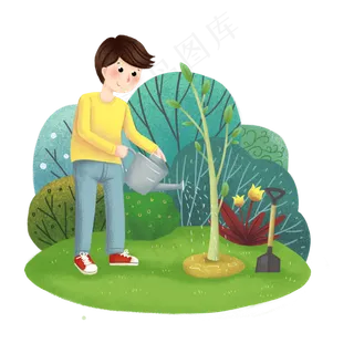 植树节浇水的男孩,免抠元素