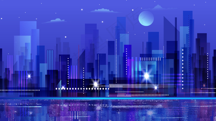 海面印象城市倒影插画