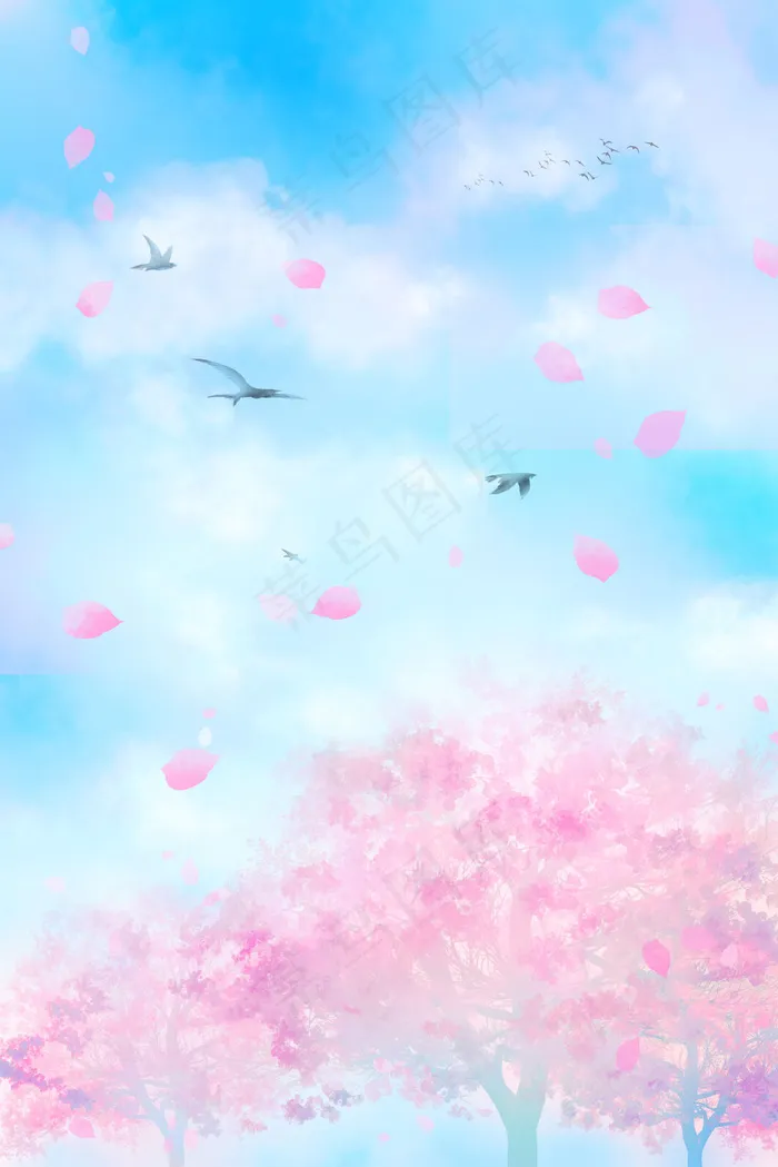 蓝色的天空飘舞的花瓣(3545*5315px 300 dpi )psd模版下载
