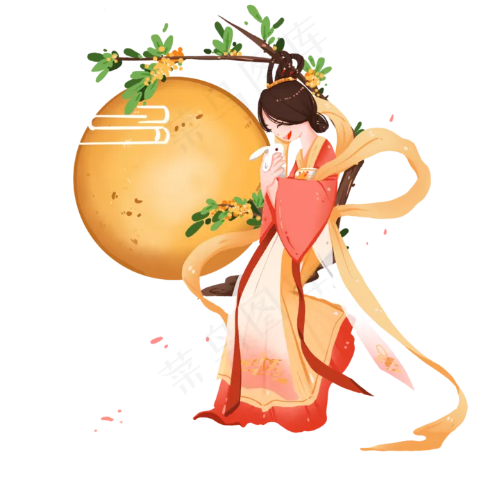 中秋节怀抱玉兔依靠桂花树的嫦娥,免抠元素
