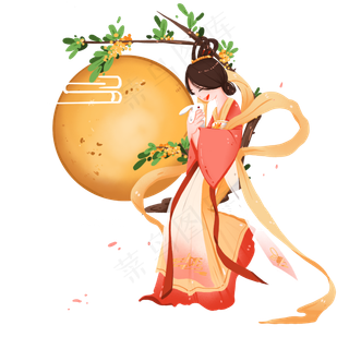 中秋节怀抱玉兔依靠桂花树的嫦娥,免抠元素