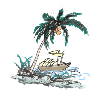夏天椰树海滩椰子手绘