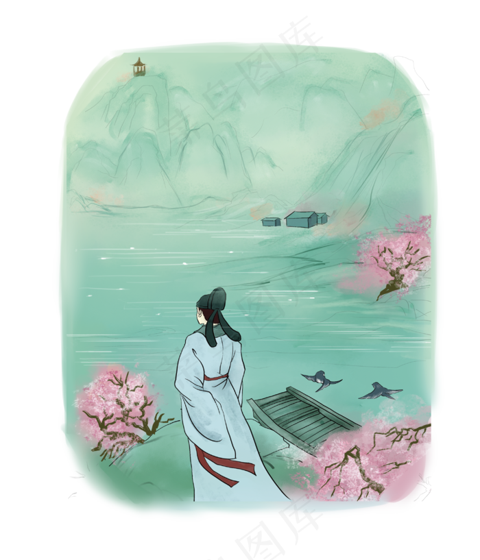 中国风古代民间山水手绘装饰图