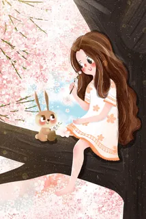 小清新春天樱花树上女孩和小兔