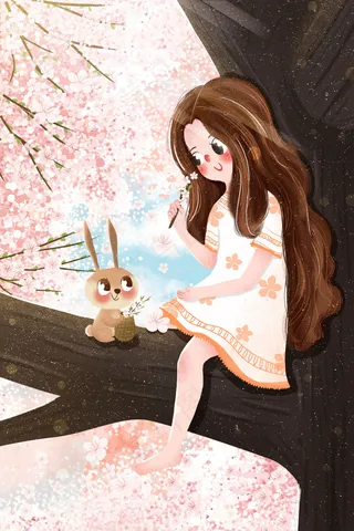 小清新春天樱花树上女孩和小兔