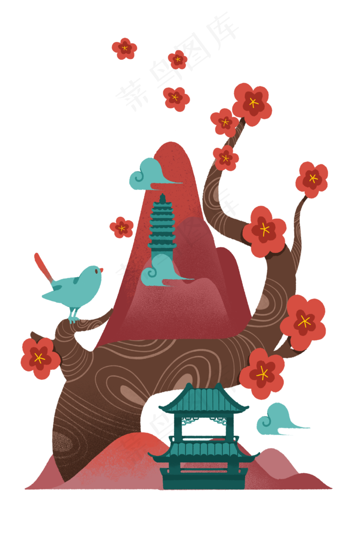 中国式山水装饰红梅吉祥鸟宝塔神(3000X4500(DPI:300))psd模版下载
