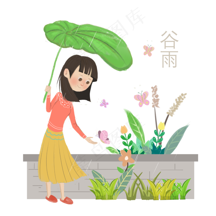 谷雨用叶子挡雨女孩