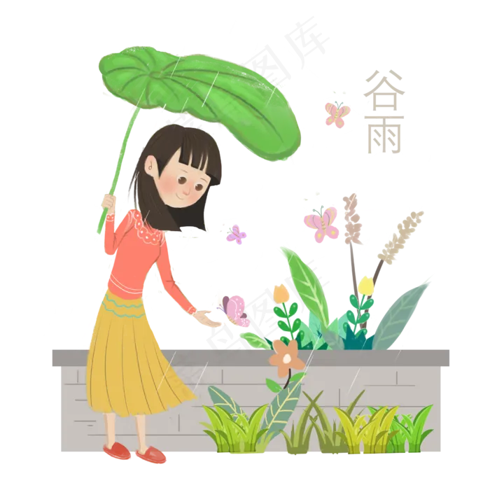 谷雨用叶子挡雨女孩(2500X2500(DPI:300))psd模版下载