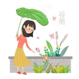 谷雨用叶子挡雨女孩