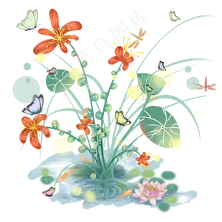夏日池塘中的花丛,免抠元素