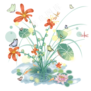 夏日池塘中的花丛,免抠元素