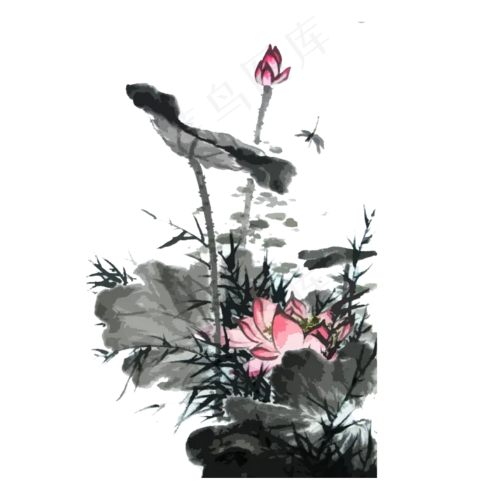 水墨荷花国画莲花PNG(2000X2000(DPI:300))psd模版下载
