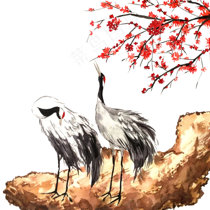 仙鹤中国风红梅水墨丹顶(3500X3500(DPI:300))psd模版下载