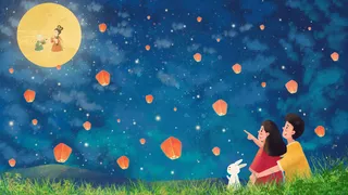 夜晚野外背影赏月孔明灯