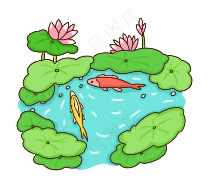 手绘荷花鲤鱼池塘PNG免抠图(2200X2000(DPI:300))psd模版下载