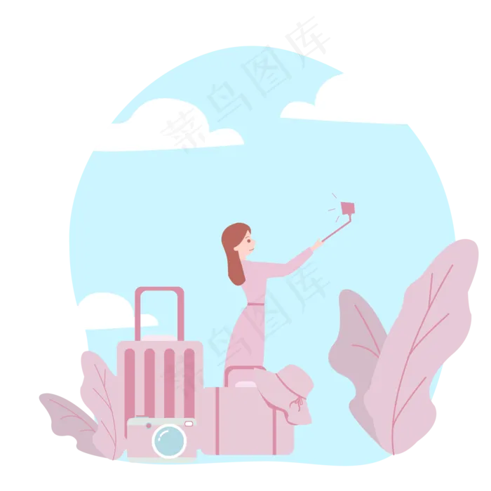粉色系女生旅游自拍手绘矢量图(2000X2000(DPI:300))ai矢量模版下载