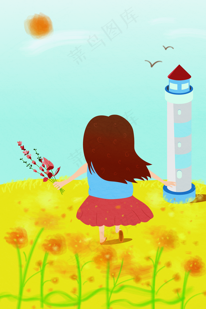 春天油菜花里奔跑的女孩矢量插画