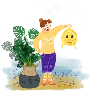 儿童节在盆栽床边拎书包大叫的小