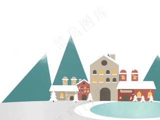 冬日欧洲小镇雪景装饰底框,免抠元素