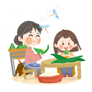 端午节可爱女孩和奶奶包粽子PN