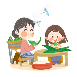 端午节可爱女孩和奶奶包粽子PN