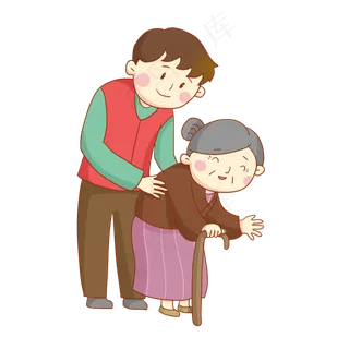 手绘志愿者扶老奶奶过马路免抠PNG