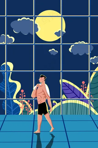 蓝色系卡通手绘风夏景小暑男孩锻炼配图