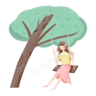 在树下荡秋千的女孩