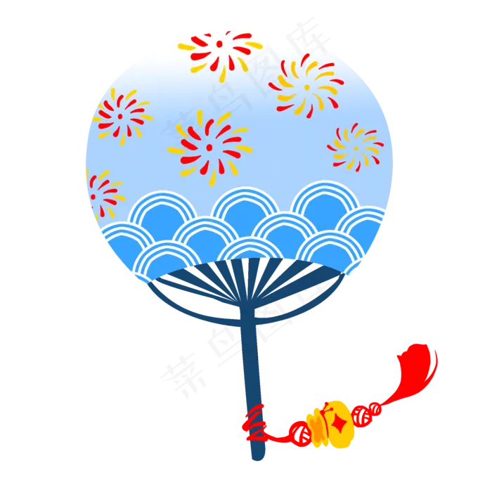 中国古典印花蓝色扇子,免抠元素