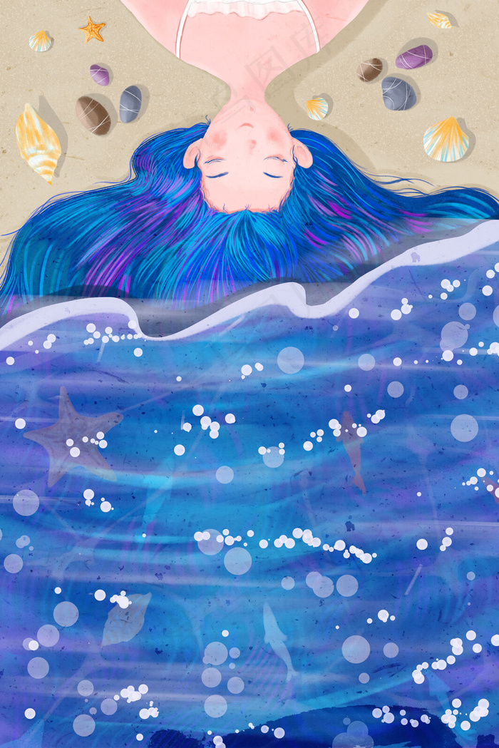 手绘蓝色少女与海插图(3545X5315(DPI:119))psd模版下载