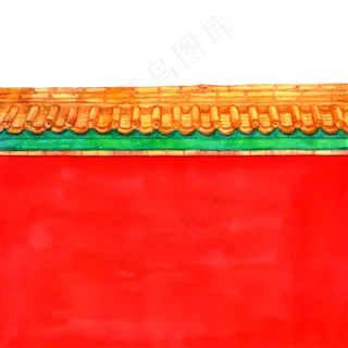 彩色手绘故宫红墙装饰画,免抠元素