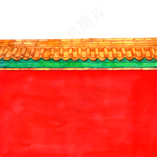 彩色手绘故宫红墙装饰画,免抠元素
