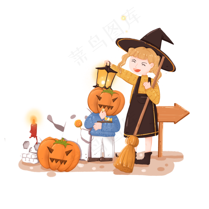 万圣节提灯出游的小魔女和可爱鬼,免抠元素