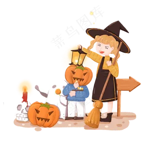 万圣节提灯出游的小魔女和可爱鬼,免抠元素