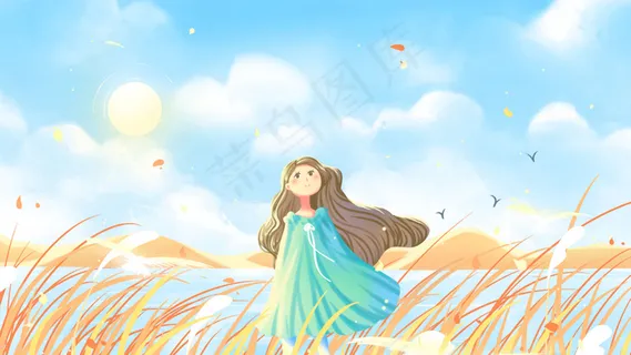 蓝色唯美卡通治愈小清新秋景白露节气配图