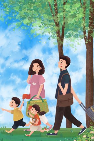 国庆节一家四口出门旅行郊游温馨