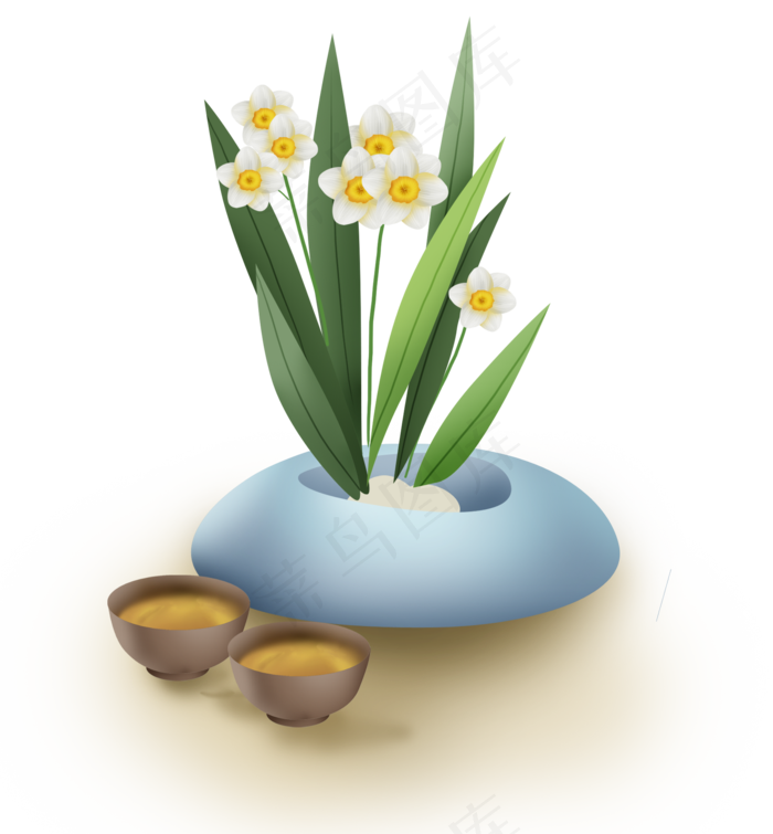 中国风水仙盆栽和茶饮,免抠元素