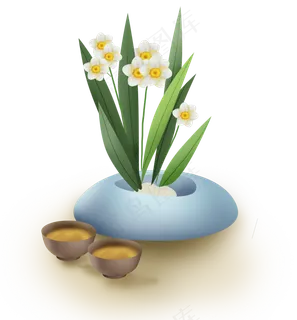 中国风水仙盆栽和茶饮,免抠元素 中国风水仙盆栽和茶饮,免抠元素