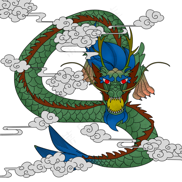 中国神兽青龙祥云手绘线稿,免抠元素