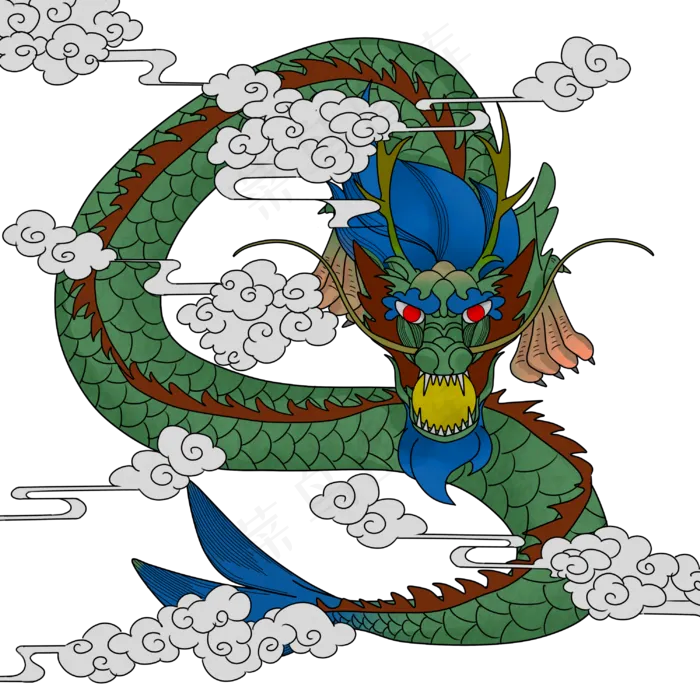 中国神兽青龙祥云手绘线稿,免抠元素(3000*3000px 300 dpi )psd模版下载