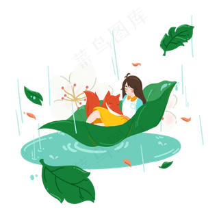 谷雨坐在叶子女孩