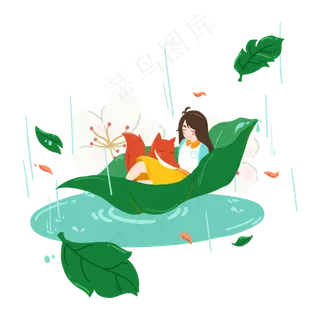 谷雨坐在叶子女孩