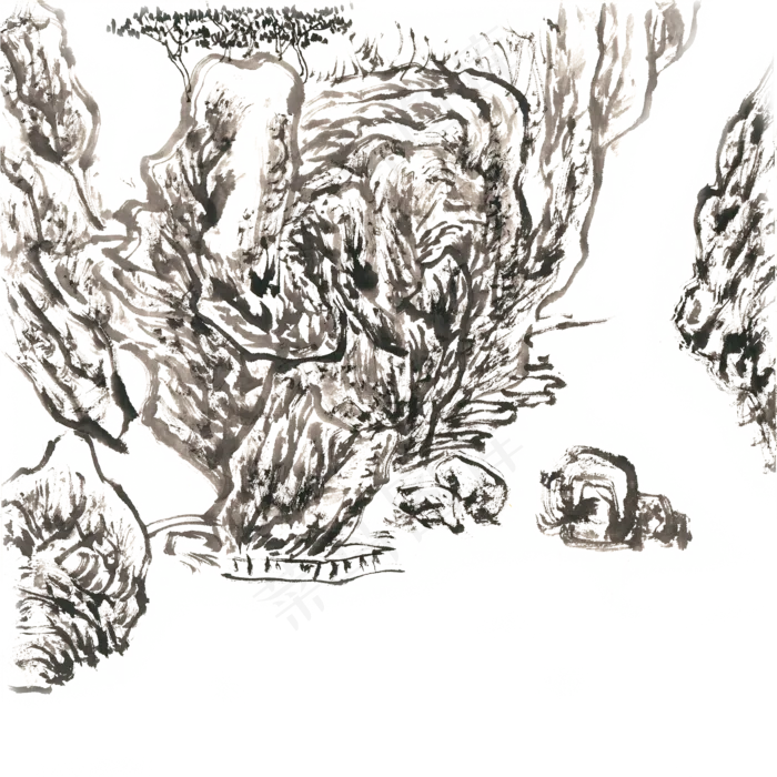高山流水水墨画PNG免抠素材