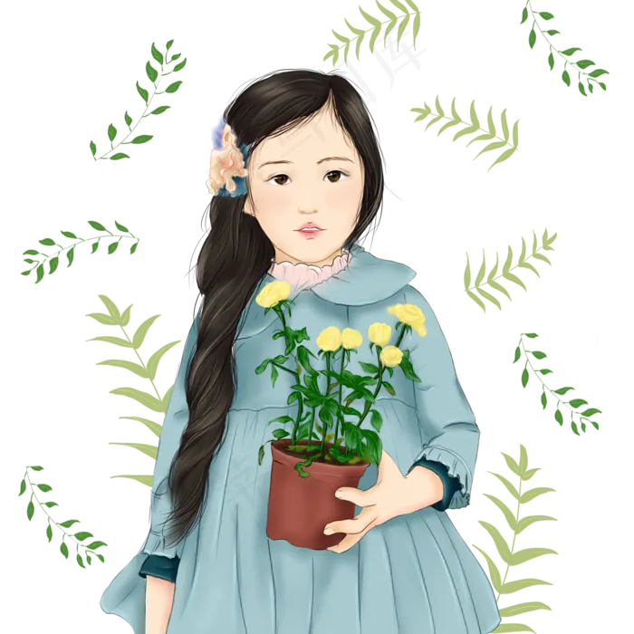 拿着花的女孩小清新手绘(2000X2000(DPI:299))psd模版下载