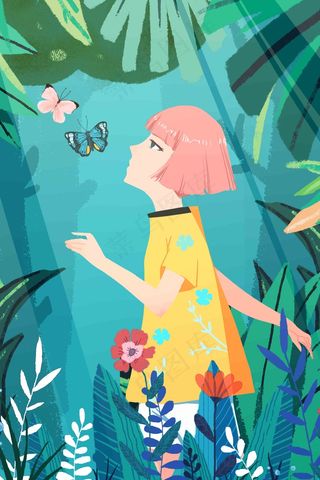 春天你好四月你好春季少女蝴蝶花丛