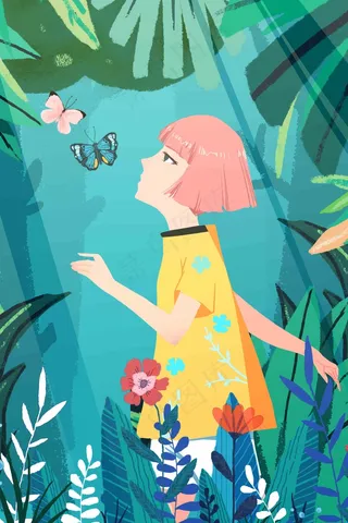 春天你好四月你好春季少女蝴蝶花丛