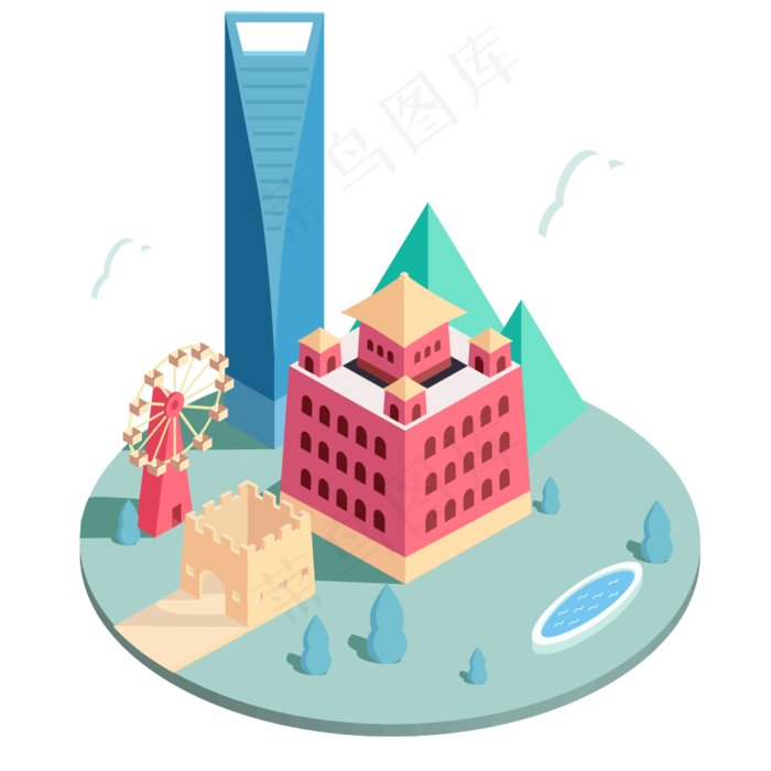 旅游景点2.5D插画建筑大楼景点,免抠元素